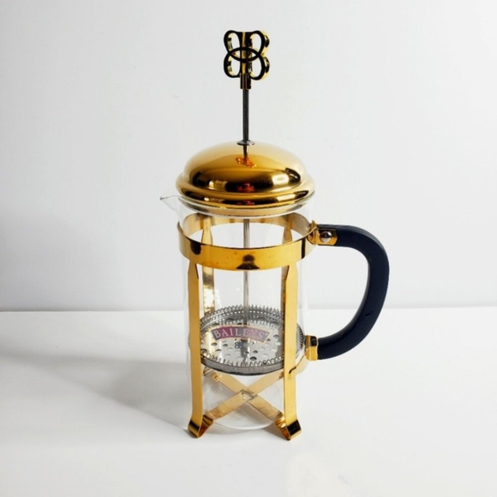 NWOT Bailey's French Press Coffee Maker Gold tone Accents Logo Barware 8 Cup
